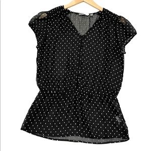 Reitmans Short Sleeve Black Blouse Size S Embroidered White Polka Dots